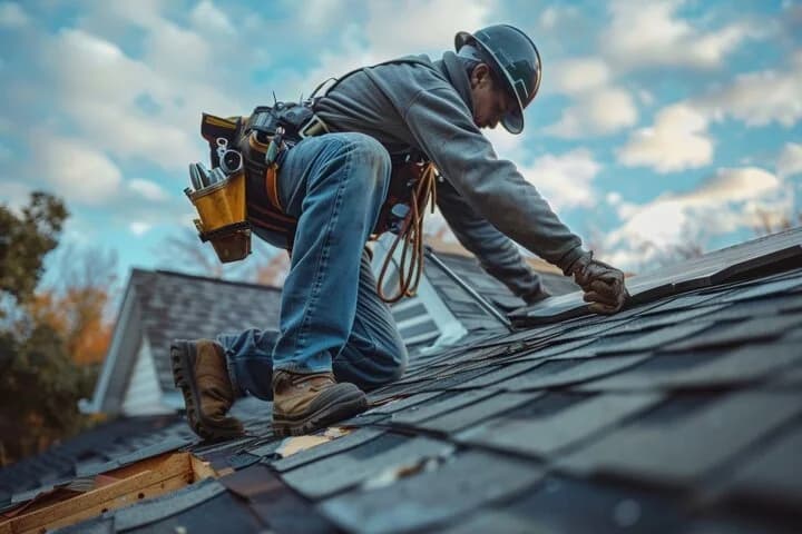 Roofer in a helmet and tool belt laying dark asphalt shingles on a house roof