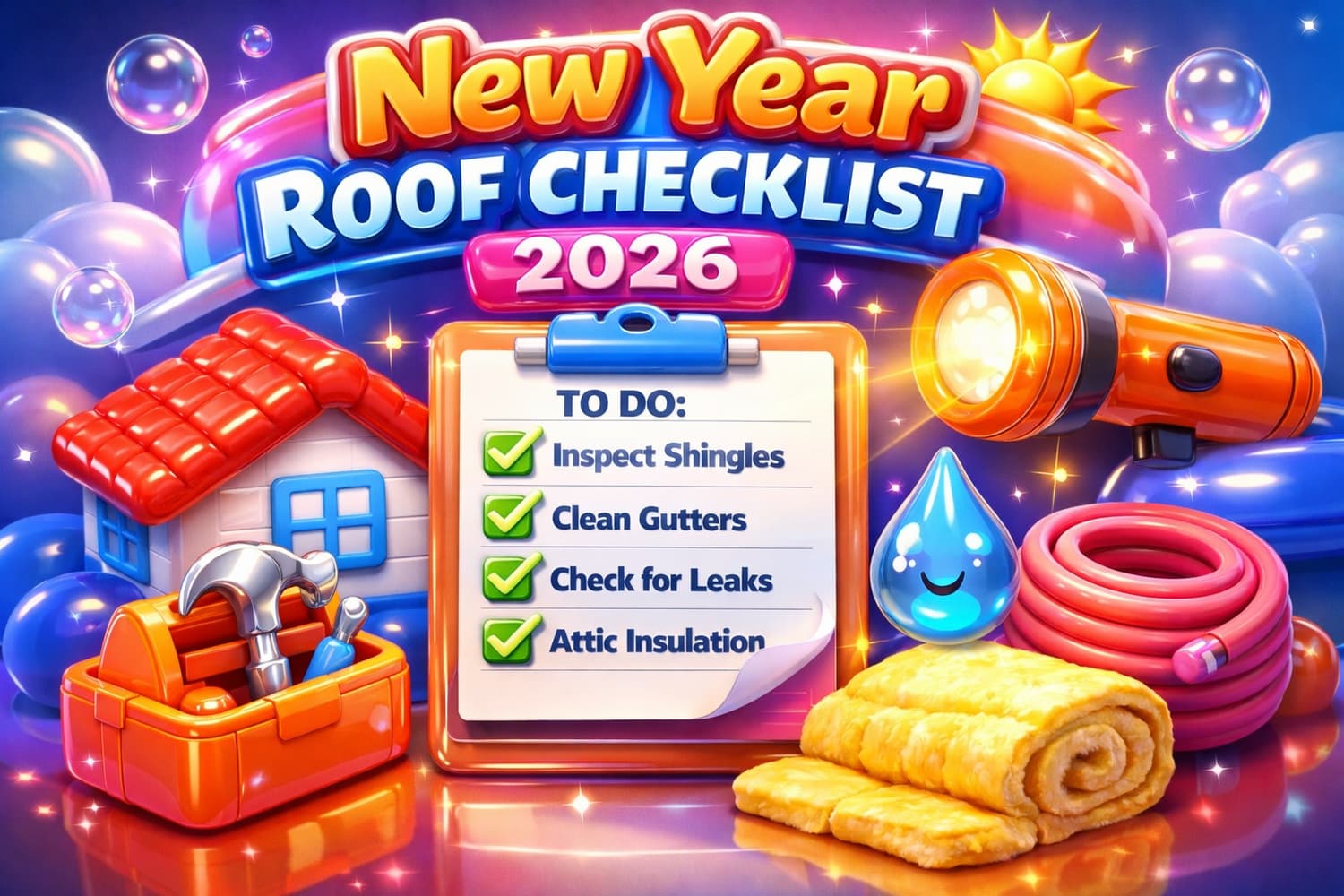 Cartoon graphic of a 2026 roof checklist: inspect shingles, clean gutters, check for leaks, attic insulation