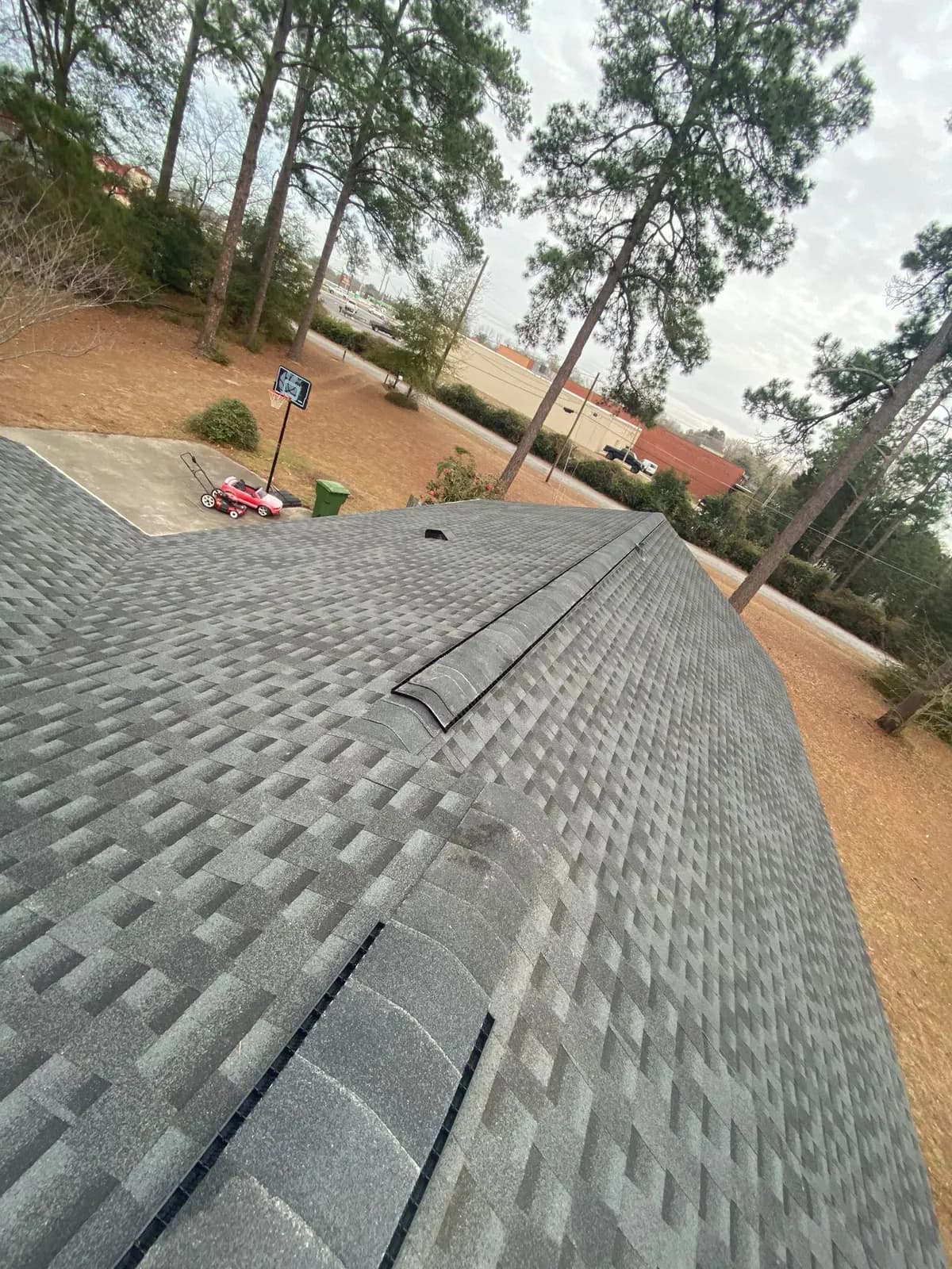 New gray architectural shingle roof with a ridge vent on a home among tall pines