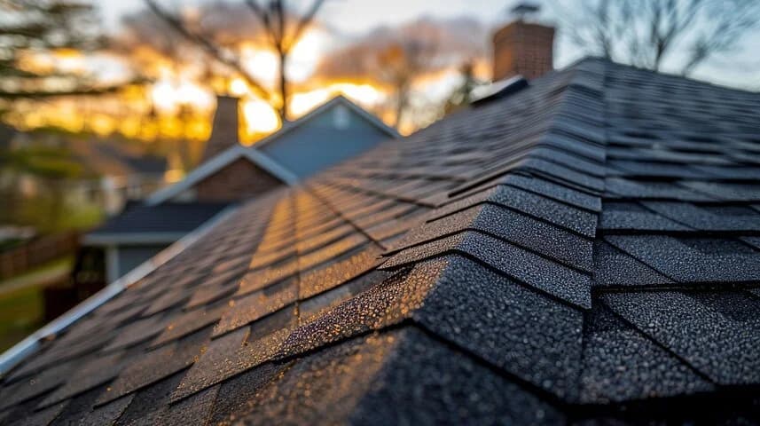 Roof with brown shingles, camera focused on ridge line of roof while the sun sets in the background.