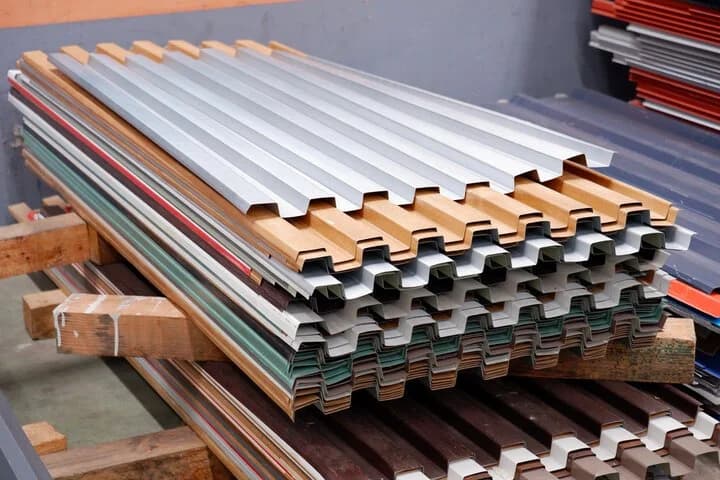 A pile of metal roofing sheets with varying colors