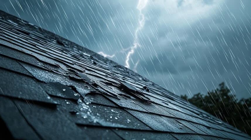 Dark shingle roof with broken, lifted shingles in heavy rain as lightning strikes